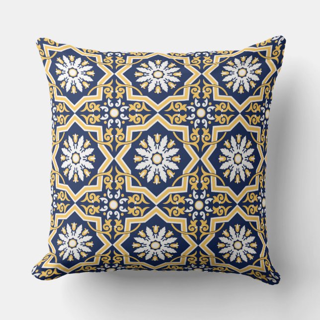 Intricate blue gold white arabesque tile Moroccan  Throw Pillow (Front)
