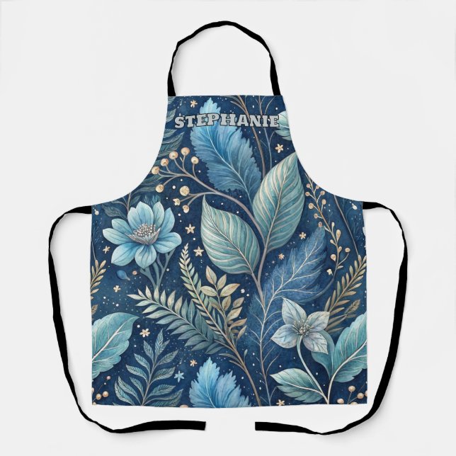 Intricate Blue & Green Botanical -Starry Dark Blue Apron (Front)