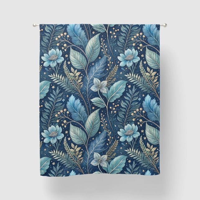 Intricate Blue & Green Botanical -Starry Dark Blue Blackout Curtains (Front)