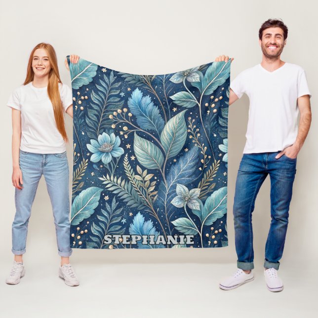 Intricate Blue & Green Botanical -Starry Dark Blue Fleece Blanket (In Situ)