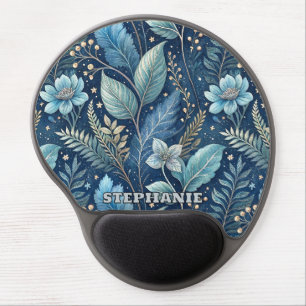 Intricate Blue & Green Botanical -Starry Dark Blue Gel Mouse Pad