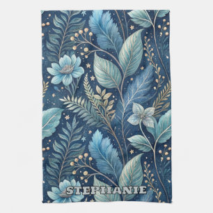 Intricate Blue & Green Botanical -Starry Dark Blue Kitchen Towel