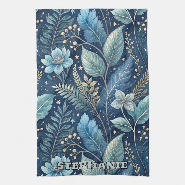 Intricate Blue & Green Botanical -Starry Dark Blue Kitchen Towel (Vertical)