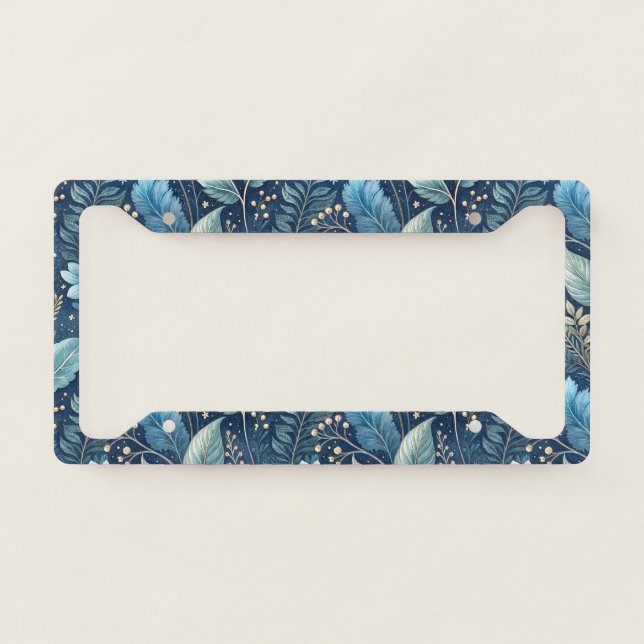 Intricate Blue & Green Botanical -Starry Dark Blue License Plate Frame (Front)
