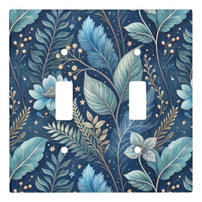 Intricate Blue & Green Botanical -Starry Dark Blue Light Switch Cover (Front)