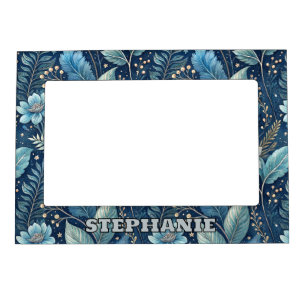 Intricate Blue & Green Botanical -Starry Dark Blue Magnetic Frame