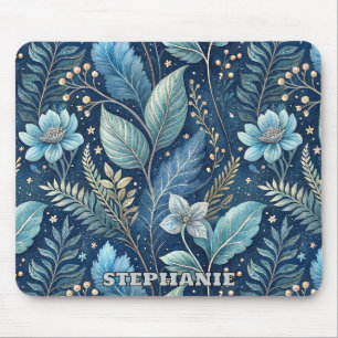 Intricate Blue & Green Botanical -Starry Dark Blue Mouse Pad