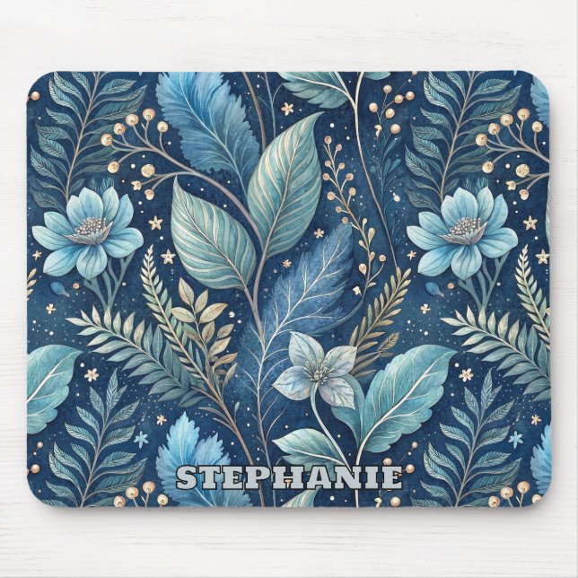 Intricate Blue & Green Botanical -Starry Dark Blue Mouse Pad (Front)