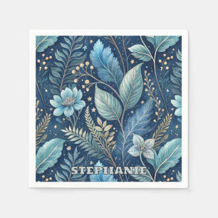 Intricate Blue & Green Botanical -Starry Dark Blue Napkins