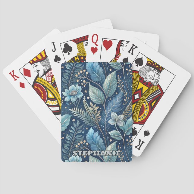 Intricate Blue & Green Botanical -Starry Dark Blue Poker Cards (Back)