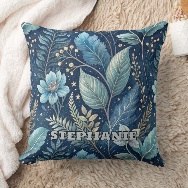 Intricate Blue & Green Botanical -Starry Dark Blue Throw Pillow (Blanket)