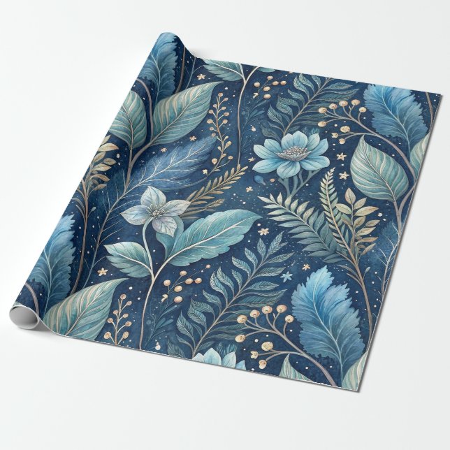 Intricate Blue & Green Botanical -Starry Dark Blue Wrapping Paper (Unrolled)