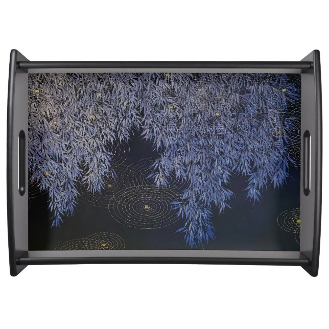 Intricate Blue hued Leafs Gold Ripples Dinnerware Serving Tray (Front)