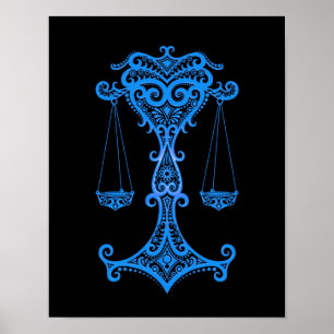 Intricate Blue Libra Zodiac on Black Poster