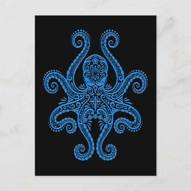 Intricate Blue Octopus on Black Postcard (Front)