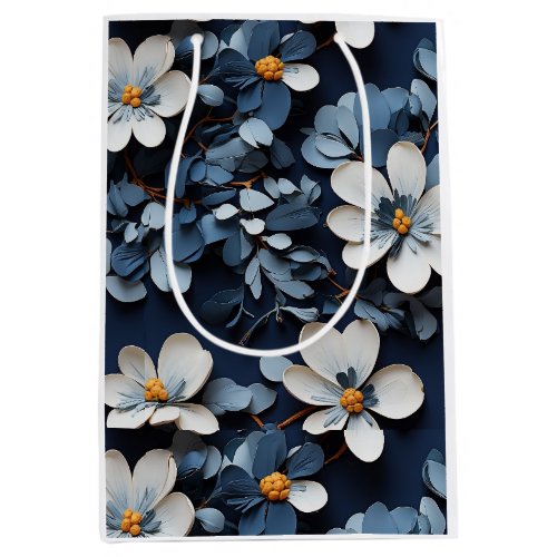 Intricate Blue Petal Pattern Medium Gift Bag