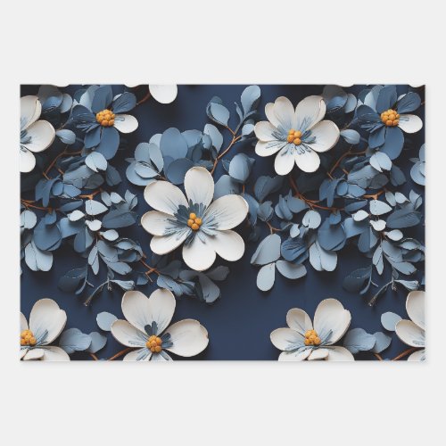 Intricate Blue Petal Pattern Wrapping Paper Sheets