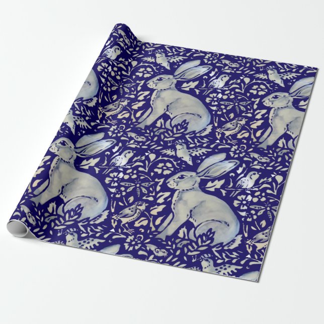 Intricate Blue Rabbit Bird Morris Style Pattern Wrapping Paper (Unrolled)