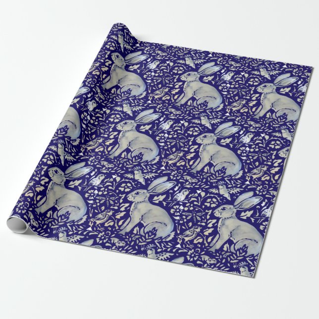 Intricate Blue Rabbit Bird Morris Style Pattern Wrapping Paper (Unrolled)