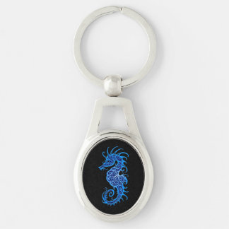 Intricate Blue Seahorse Design on Black Keychain