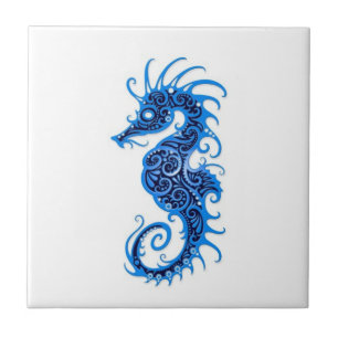 Intricate Blue Seahorse Design on White Ceramic Tile