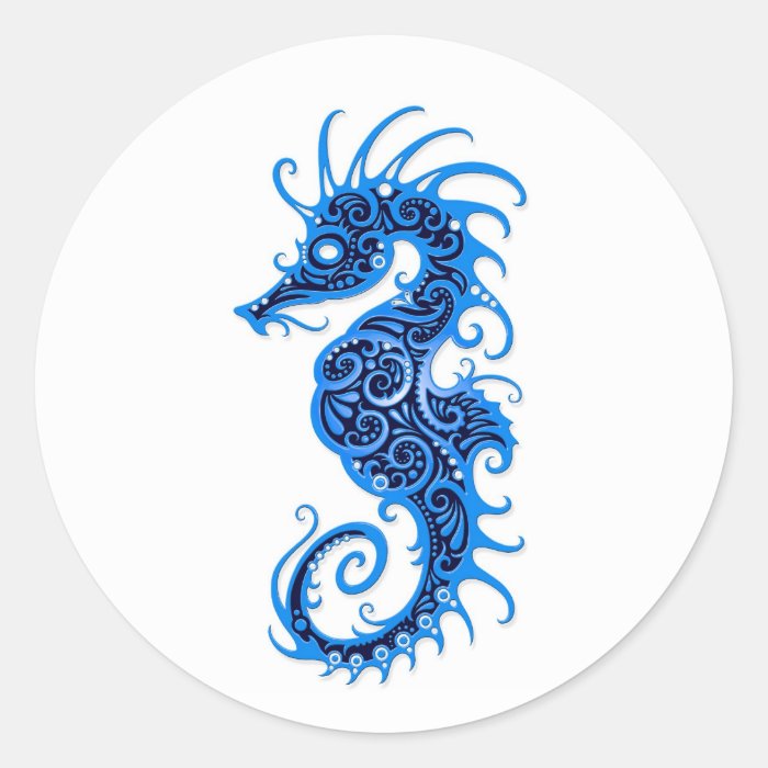 Intricate Blue Seahorse Design on White Round Stickers