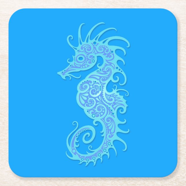 Intricate Blue Seahorse Design Square Paper Coaster (Front)