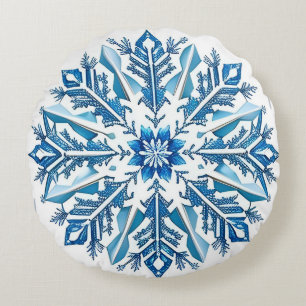 Intricate Blue Snowflake Design Round Pillow