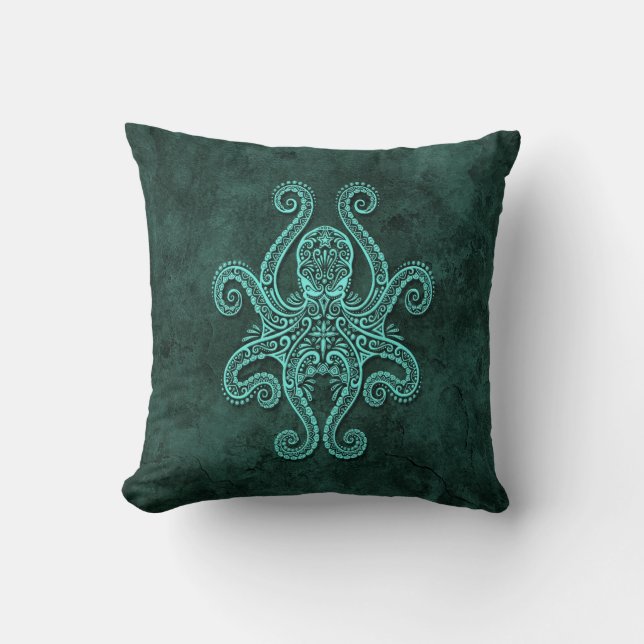 Intricate Blue Stone Octopus Throw Pillow (Front)