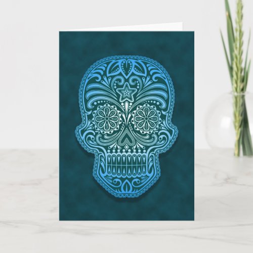 Intricate Blue Sugar Skull Card