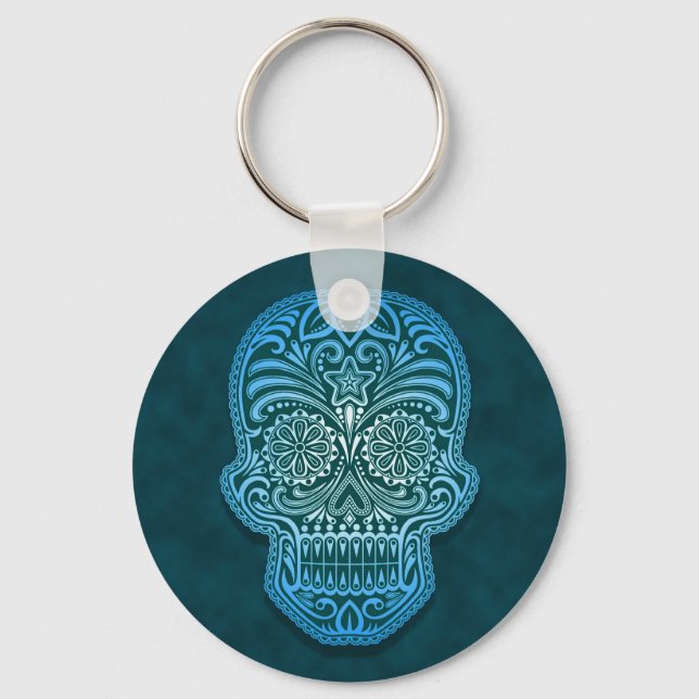 Intricate Blue Sugar Skull Keychain (Front)