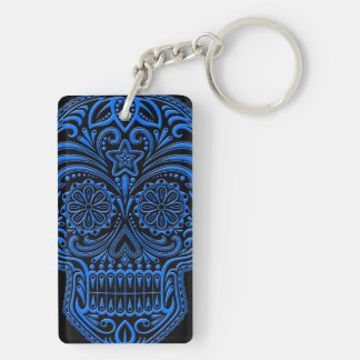 Intricate Blue Sugar Skull on Black Keychain