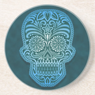Intricate Blue Sugar Skull Sandstone Coaster