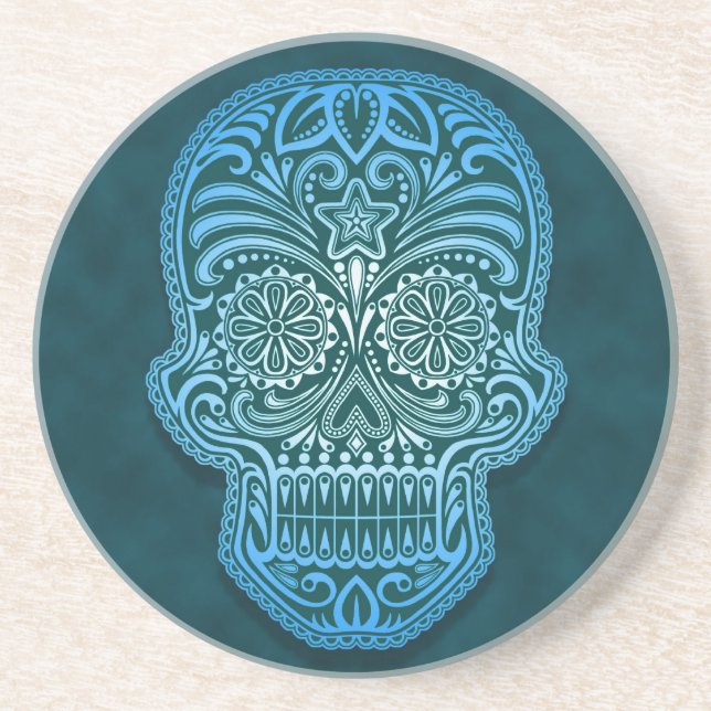 Intricate Blue Sugar Skull Sandstone Coaster (Front)