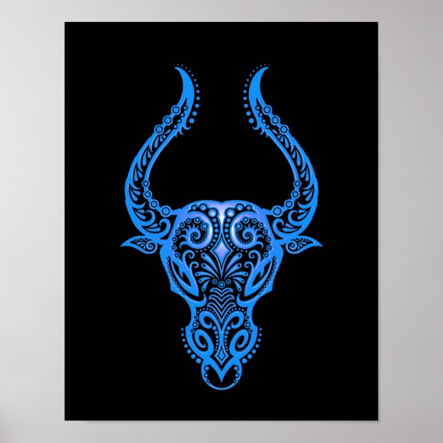 Intricate Blue Taurus Zodiac on Black Poster (Front)