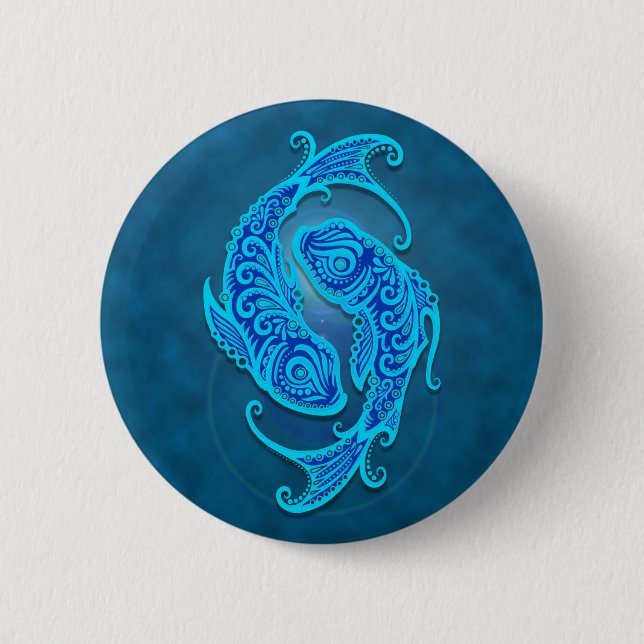 Intricate Blue Tribal Pisces Button (Front)