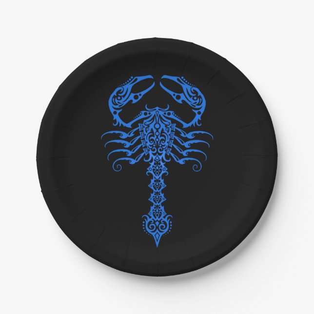 Intricate Blue Tribal Scorpion Paper Plates (Front)
