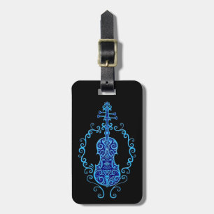 Intricate Blue Violin Design on Black Luggage Tag