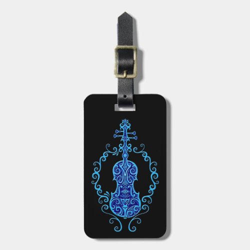 Intricate Blue Violin Design on Black Luggage Tag