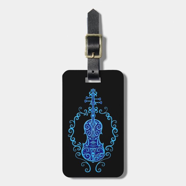 Intricate Blue Violin Design on Black Luggage Tag (Front Vertical)