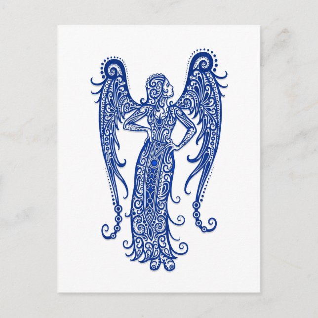 Intricate Blue Virgo Zodiac on White Postcard (Front)