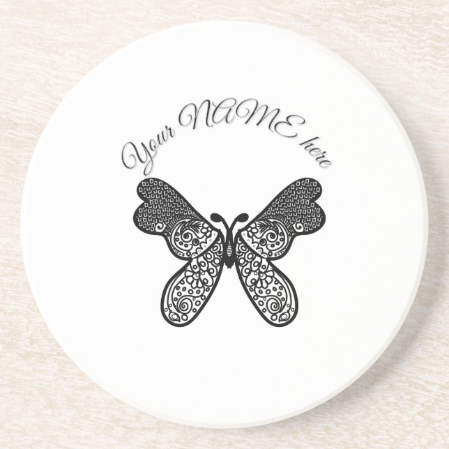 Intricate Boho Mandala Butterfly Black and White A Coaster (Front)