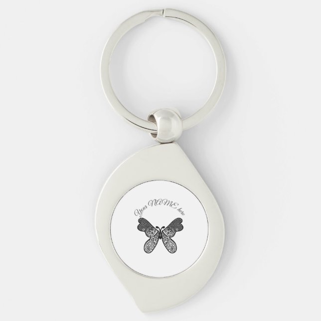 Intricate Boho Mandala Butterfly Black and White A Keychain (Front)