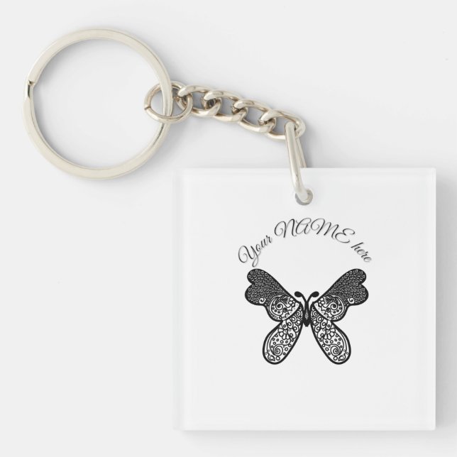 Intricate Boho Mandala Butterfly Black and White A Keychain (Front)