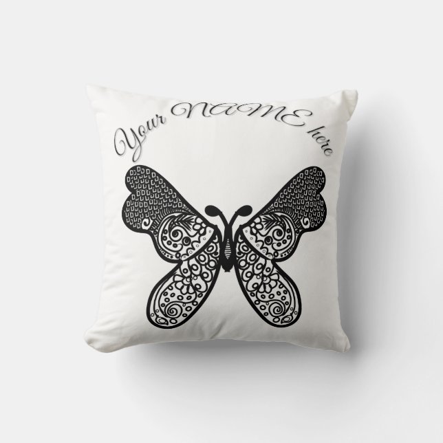 Intricate Boho Mandala Butterfly Black and White A Throw Pillow (Front)