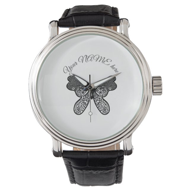 Intricate Boho Mandala Butterfly Black and White A Watch (Front)