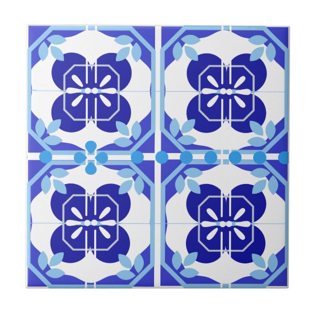 Intricate Bright Blue Navy Azulejos Style  Ceramic Tile (Front)