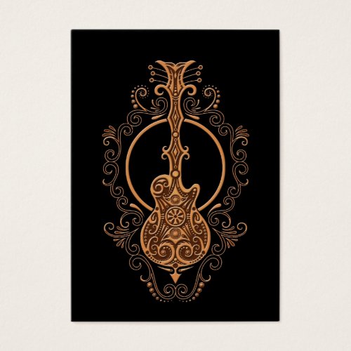 Intricate Brown Guitar Design on Black Business Cards