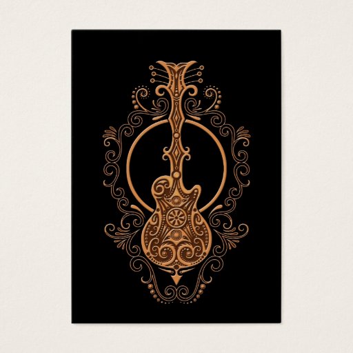 Customizable Intricate Brown Guitar Design on Black Business Cards