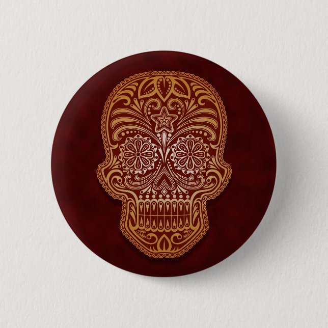 Intricate Brown Sugar Skull Pinback Button (Front)